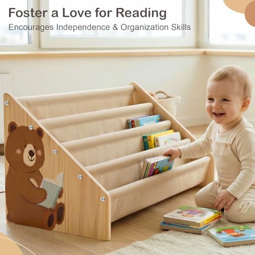 Toddler Bookshelf 4 Tier Solid Wood Montessori Nursery Book Organizer Kids - Image 6