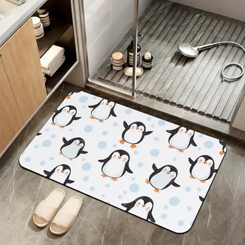 Diatomaceous Earth Bath Mat, Cute Cartoon Bath Rugs, Baby Penguins Non-Slip by ZTHLL