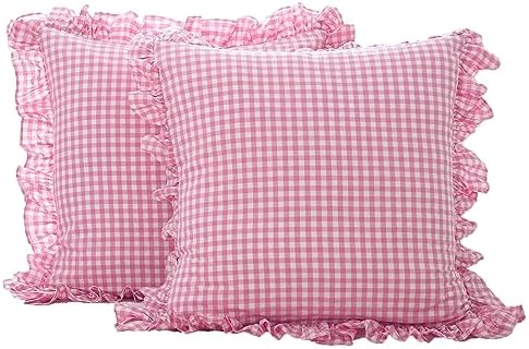 2 Pack Pink White Gingham Euro Shams Pillow Covers 26''x26'' by KMASANIJI