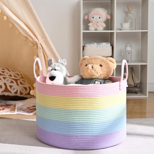 67L Large Rainbow Blanket Basket, Cotton Rope Baby Laundry Hamper - Image 2