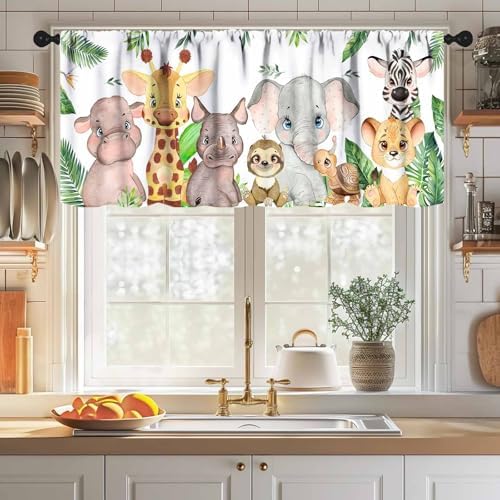 Woodland Nursery Window Valance, Cartoon Jungle Lion Elephant Retro Safari - Image 3