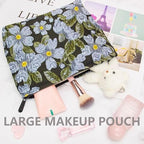 Flat Makeup Bag for Women, Zipper Cosmetic Pouch Purse, Brocade Flower Black - Image 5