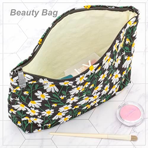 Flat Makeup Bag for Women, Zipper Cosmetic Pouch for Purse, Daisy Black - Image 3