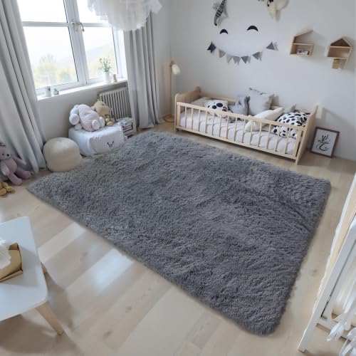 Grey Fluffy Large Area Rug 8x10, Soft Washable Shag Carpet - Image 6