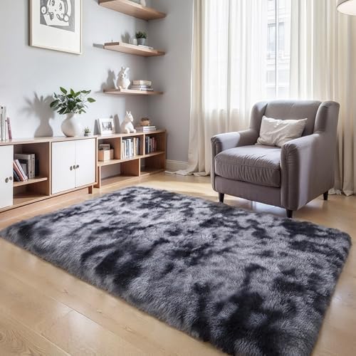 6x9 Thick Tie-dye Dark Grey Shag Rug - Image 6