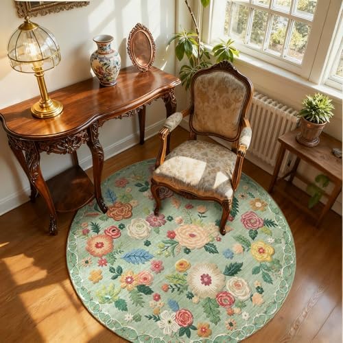 4ft Washable Round Rugs for Bedroom: Circle Living Room Rug Vintage Non Slip by palohom
