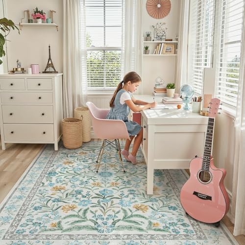 Lahome Light Blue Bedroom Rug 8x10 Under Bed, Boho Washable Rugs - Image 3