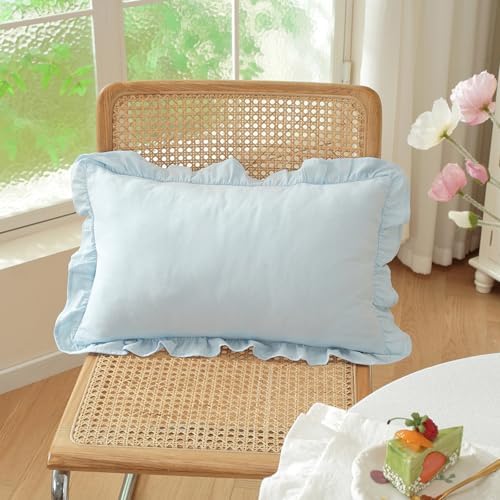 Set of 2 Light Blue Ruffled Lumbar Pillow Covers 12x20 Inch, Soft Fabric Solid - Image 2