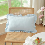 Set of 2 Light Blue Ruffled Lumbar Pillow Covers 12x20 Inch, Soft Fabric Solid - Image 2