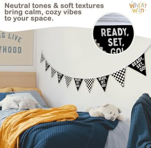 Race Car Room Decor for Boys Canvas Linen Garland Triangle Banners, Ready Set - Image 2