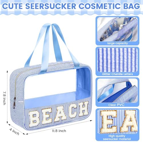 Sanwuta Seersucker Beach Bag Chenille Letter Clear Sunscreen Makeup Bag - Image 2