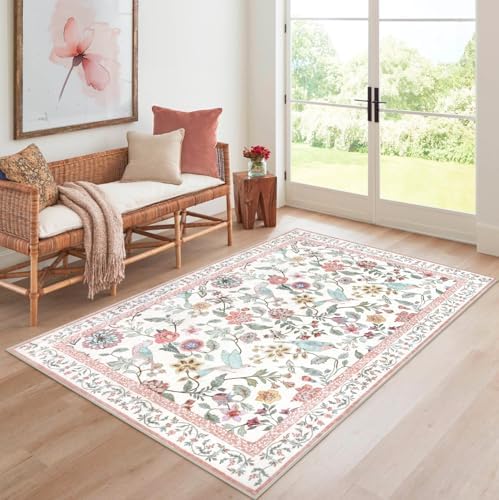Rugalia Washable Floral Area Rug, 3x5 Pink Indoor Entryway Rug Soft Non-Slip by Rugalia