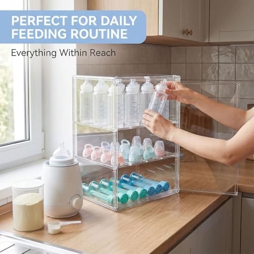 Baby Bottle Organizer, 3 Tiers Adjustable Clear Acrylic Bottles Storage Station - Image 4