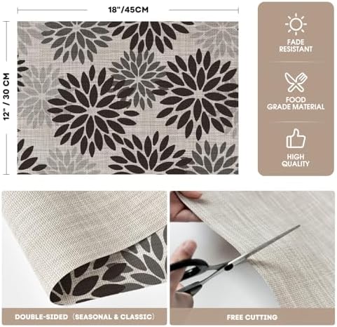 Artoid Mode Floral Vinyl Placemats Set of 6, Heat Resistant Washable Non-Slip - Image 6