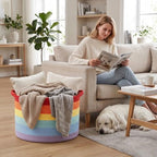 115L Large Blanket Basket, Rope Woven Laundry Basket-Rainbow - Image 4