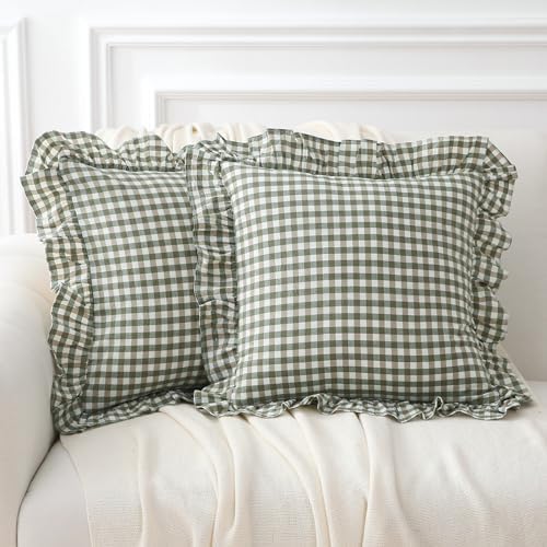 2 Pack Sage Green Gingham Ruffle Throw Pillow Covers 18''x18'' by KMASANIJI