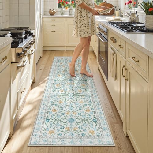 Lahome Light Blue Runner Rug 2x6, Boho Floral Runners - Image 6