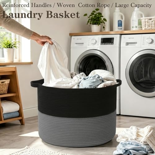 90L Extra Large Blanket Basket, Woven Laundry Basket-Black&Dark Grey - Image 5