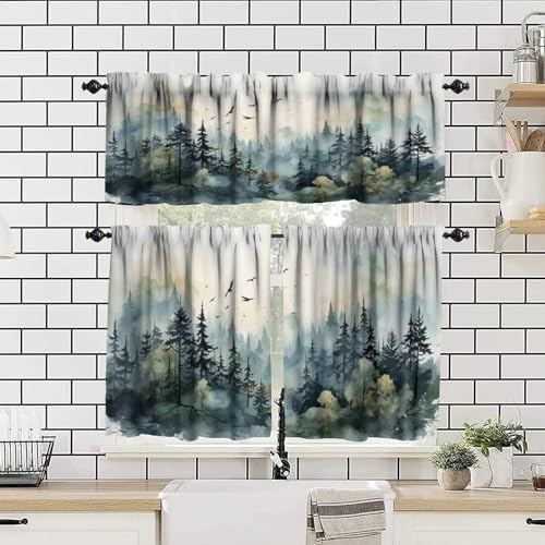 Forest Kitchen Valance Curtain, Watercolor Style Nature Mountain Woodland Green - Image 4