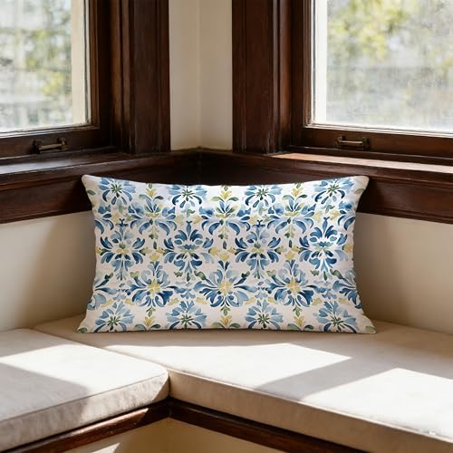 Mediterranean Blue and Yellow Floral Tile Pillow Covers 12x20, Vintage Moroccan - Image 3