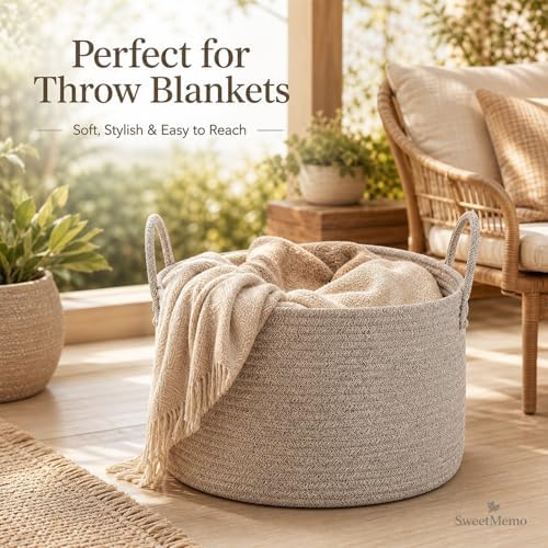 Extra Large Woven Throw Blanket Basket, 20 x 12 in, Natural Beige - Image 2