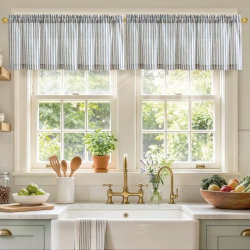 jinchan Linen Boxter Striped Kitchen Valances Blue 50 x 16 inch 2 Panels by JINCHAN