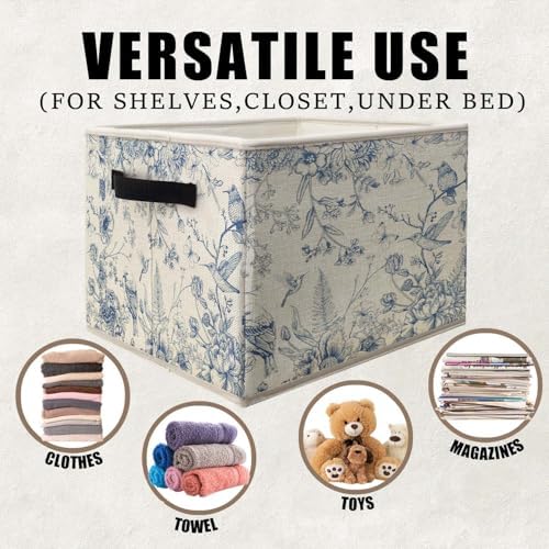Blue and White Chinoiserie Storage Bins Basket, Vintage Bird Floral Botanical - Image 2