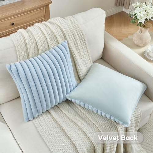 FUTEI Pack of 2 Faux Fur Throw Pillow Covers 24x24 Inch, Light Blue - Image 4