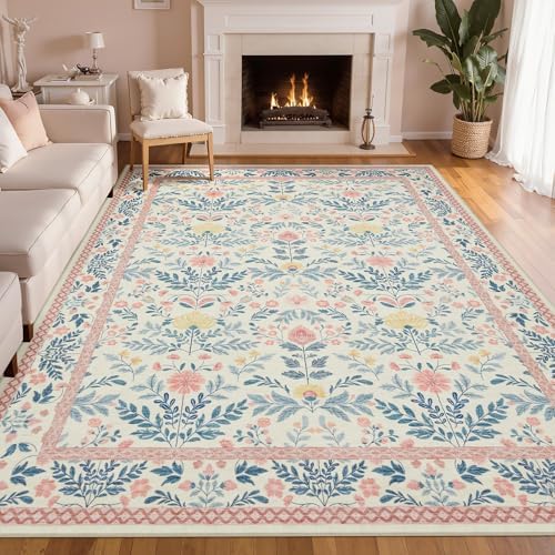 Joydeco Pink Area Rugs 8x10 for Living Room, Washable Cute Boho Floral Kids by JOYDECO