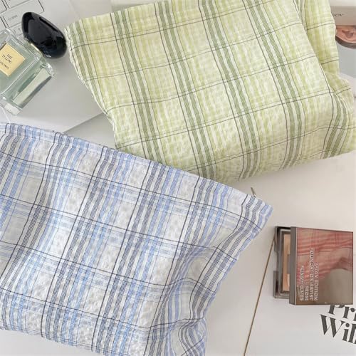 Flat Makeup Bag for Women, Zipper Cosmetic Pouch for Purse, Plaid Green - Image 7