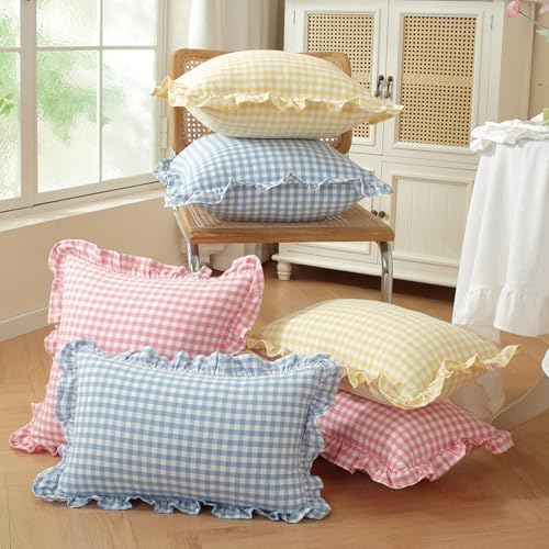 Set of 2 Yellow and White Ruffle Lumbar Pillow Covers 12x20 Inch, Gingham Plaid - Image 5