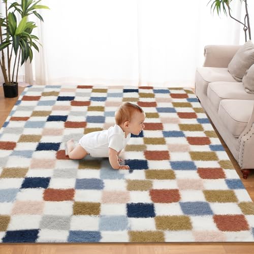 Super Soft Rug for Bedroom, 4x6 Ft Rainbow Area Rug Classic Checkered Shaggy by TOOHUB