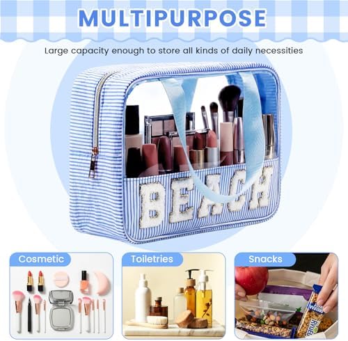 Sanwuta Seersucker Beach Bag Chenille Letter Clear Sunscreen Makeup Bag - Image 3