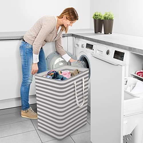 StorageRight Laundry Basket Hamper, 100L Clothes Storage, Striped Grey - Image 6