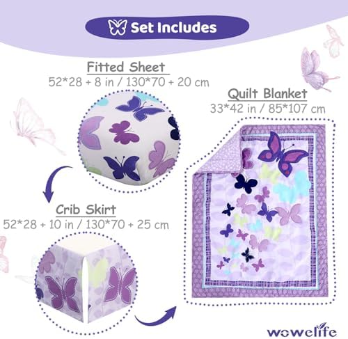 Butterfly Crib Bedding Set for Girls 3 Piece Baby Girl Bedding Sets Purple - Image 3