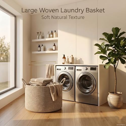 Extra Large Woven Throw Blanket Basket, 20 x 12 in, Natural Beige - Image 4