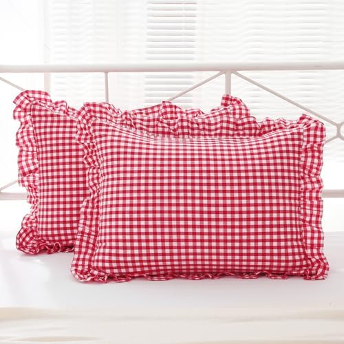 2 Pack Red White Gingham Ruffle Standard Pillow Shams 20"x26" by KMASANIJI