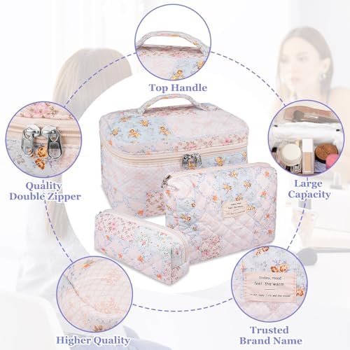 Gosect Makeup Bag Set, Quilted Makeup Bags, Large Floral Cosmetic Bag - Image 3