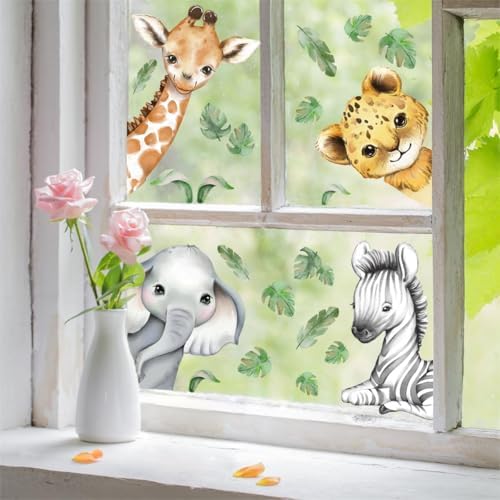 22.44 x 21.25 Inch Watercolor Jungle Animal Window Clings Tiger Lion Elephant - Image 4