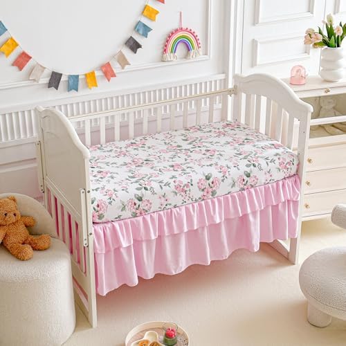3 Pieces Pink Rose Flowers Mini Crib Bedding Set Baby Ruffled Quilted Comforter - Image 6