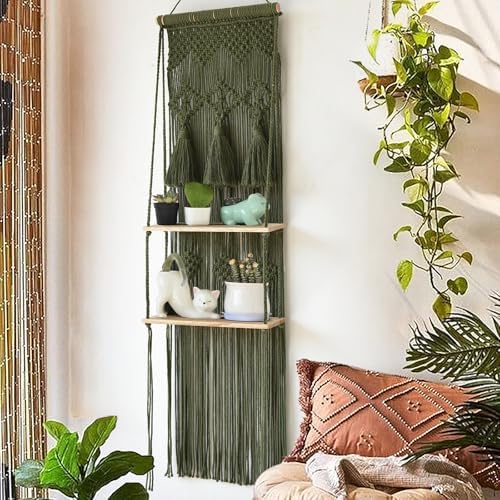 Flber Hanging Shelf Macrame Wall Hanging Green Boho Shelfs Tassels Floating - Image 2