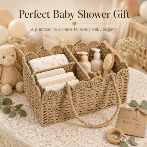 Large Wicker Diaper Caddy Organizer, Scalloped Nursery Basket - Image 7