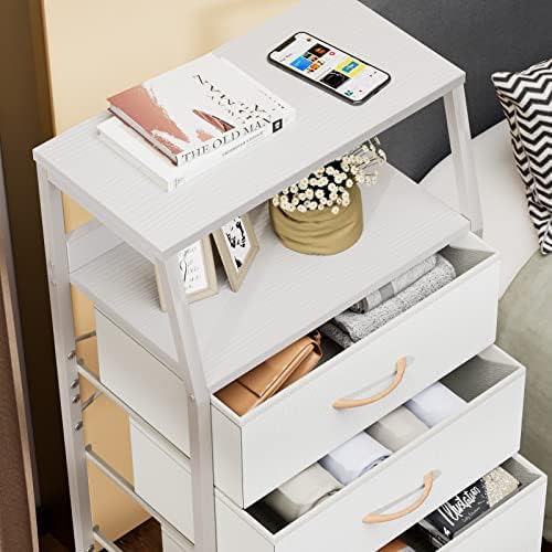 Furnulem White Tall Dresser for Bedroom, 5 Fabric Bins Tall Nightstand - Image 4
