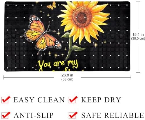 Shower Mat Non Slip 26.8 x 15.1 Inches, Sunflower Butterflies Bathtub Mat - Image 3
