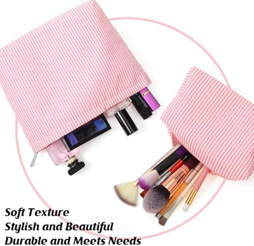 Huhumy 2 Pcs Makeup Bag Set for Women, Rose Pink, Thin Stripe - Image 4