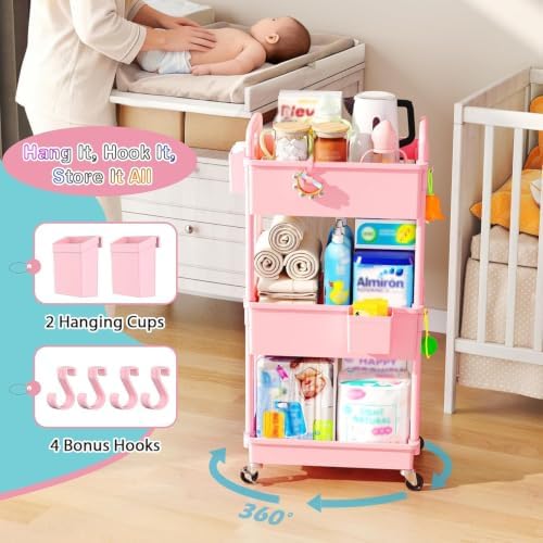 SUNALLY Baby Diaper Caddy Cart, 3 Tier Rolling Diaper Cart - Image 4