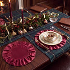 FoldTier Burgundy Ruffled Placemats Round Satin Tablemat 15.7 Inch Set of 6 - Image 3