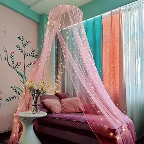 Bed Canopy Mosquito Net with 250pcs Warm White Curtain Lights, by Eimilaly