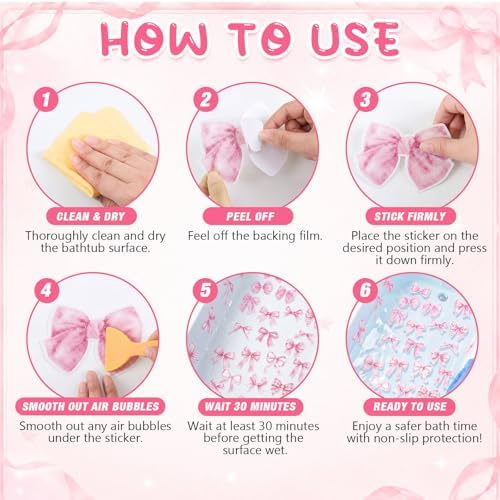 Fullhawl 30 Pcs Pink Bow Non Slip Shower Stickers, Bathtub Safety - Image 3