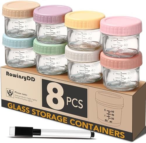 RowinsyDD Baby Food Containers, 4 oz, 8 Pack, Glass Jars by RowinsyDD